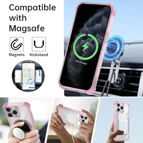 IYTRRYH for iPhone 11 Pro Max Case Magnetic Compatible with MagSafe Wireless Charging,with 2 Screen Protectors,Built-in Kickstand Ring,Military Grade Drop Heavy Duty Protection Shockproof Phone Pink - IYTRRYH (1)