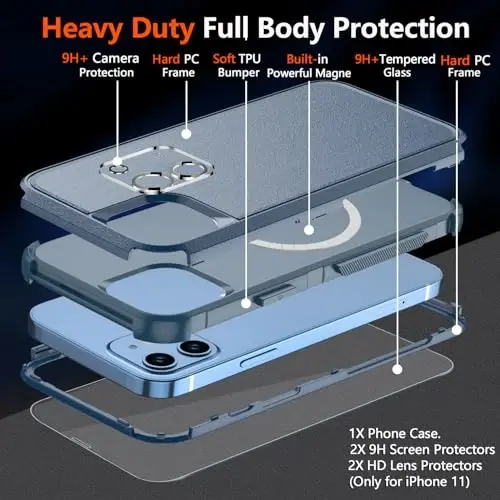 iPhone 11 uchun Diverbox telefon qutisi, iPhone 11 magnitli qutisi [ekran himoyachisi va kamera linzalari himoyachisi bilan] iPhone 11 uchun og'ir yuk ko'taruvchi telefon qutisi (magnitli ko'k) - 5
