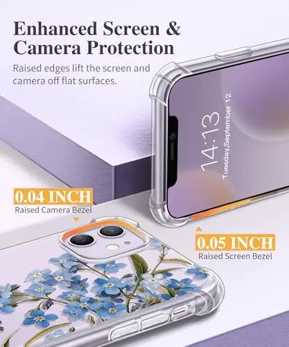 iPhone 11 uchun GVIEWIN guli g‘ilof, ekran va kamera linzalari uchun himoya plyonkasi bilan, [sarg‘aymaydigan] ayollar uchun yumshoq zarbaga chidamli shaffof himoya g‘ilofi, gul naqshli dizayn 6.1