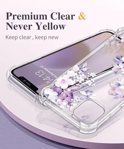 iPhone 11 uchun GVIEWIN gulli g'ilof, ekran va kamera linzalari himoyachisi bilan, [sarg'aymaydigan] ayollar uchun yumshoq zarbaga chidamli shaffof g'ilof, gul naqshli dizayn 6.1