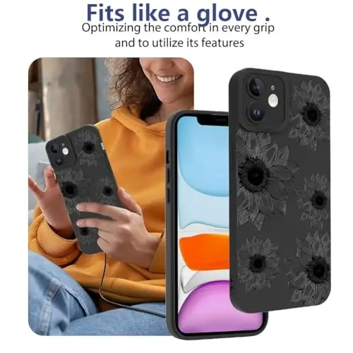 iPhone 11 uchun OOK Floral g'ilofi, yoqimli qora kungaboqar gullari | Yumshoq TPU, ayollar va qizlar uchun zarbaga chidamli himoya gul g'ilofi 
