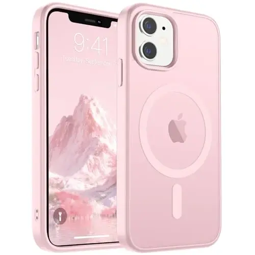 iPhone 11 uchun SUPFINE magnitli g‘ilof va ekran himoyasi (MagSafe bilan mos keladi) (Harbiy darajadagi tushishdan himoya) Shaffof matli zarbalarga chidamli telefon g‘ilofi, och pushti rang 