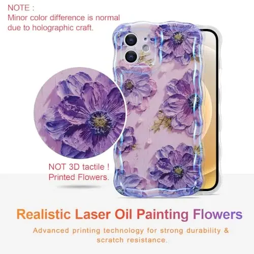 EYZUTAK Case for iPhone 12, Colorful Retro Oil Painting Printed Flower Laser Glossy Pattern Cute Curly Waves Border Exquisite Phone Cover Stylish Durable TPU Protective Case for Girls Women - Purple - 2