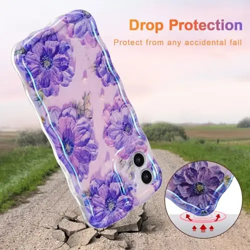 EYZUTAK Case for iPhone 12, Colorful Retro Oil Painting Printed Flower Laser Glossy Pattern Cute Curly Waves Border Exquisite Phone Cover Stylish Durable TPU Protective Case for Girls Women - Purple - 3
