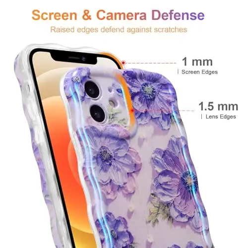 EYZUTAK Case for iPhone 12, Colorful Retro Oil Painting Printed Flower Laser Glossy Pattern Cute Curly Waves Border Exquisite Phone Cover Stylish Durable TPU Protective Case for Girls Women - Purple - 4