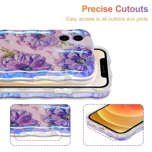 EYZUTAK Case for iPhone 12, Colorful Retro Oil Painting Printed Flower Laser Glossy Pattern Cute Curly Waves Border Exquisite Phone Cover Stylish Durable TPU Protective Case for Girls Women - Purple - 5