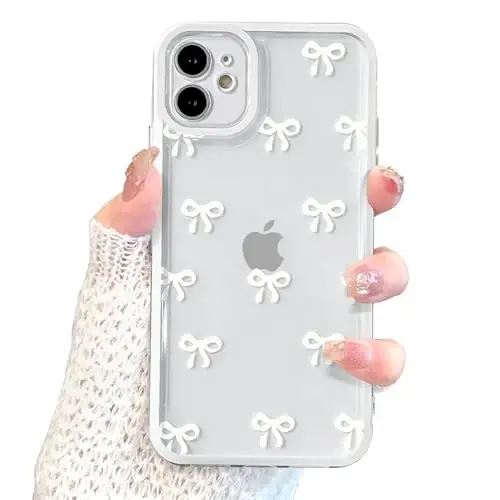 EYZUTAK Case for iPhone 12, Clear Cute Ribbon Bowknot Pattern Aesthetic Transparent Phone Case Raised Camera Protection Stylish Slim Soft Durable TPU Protective Cover for Women Girls - White - 12