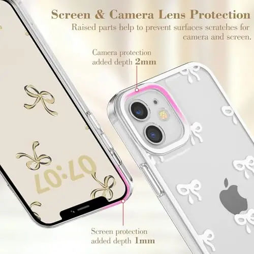 EYZUTAK Case for iPhone 12, Clear Cute Ribbon Bowknot Pattern Aesthetic Transparent Phone Case Raised Camera Protection Stylish Slim Soft Durable TPU Protective Cover for Women Girls - White - 11