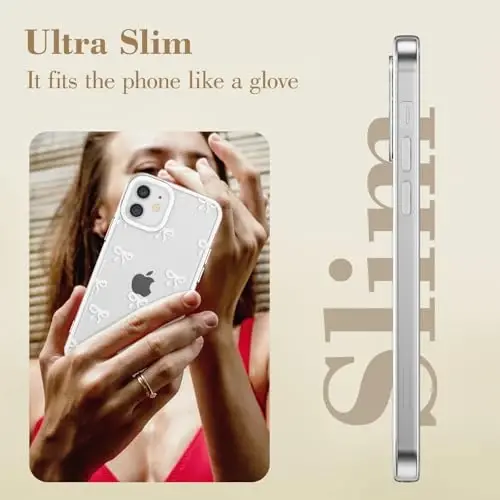 EYZUTAK Case for iPhone 12, Clear Cute Ribbon Bowknot Pattern Aesthetic Transparent Phone Case Raised Camera Protection Stylish Slim Soft Durable TPU Protective Cover for Women Girls - White - 9
