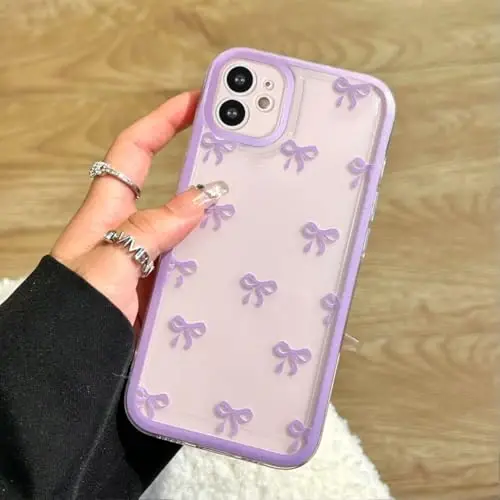 EYZUTAK Case for iPhone 12, Clear Cute Ribbon Bowknot Pattern Aesthetic Transparent Phone Case Raised Camera Protection Stylish Slim Soft Durable TPU Protective Cover for Women Girls - Purple - 12