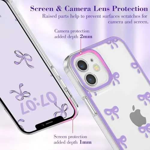 EYZUTAK Case for iPhone 12, Clear Cute Ribbon Bowknot Pattern Aesthetic Transparent Phone Case Raised Camera Protection Stylish Slim Soft Durable TPU Protective Cover for Women Girls - Purple - 11