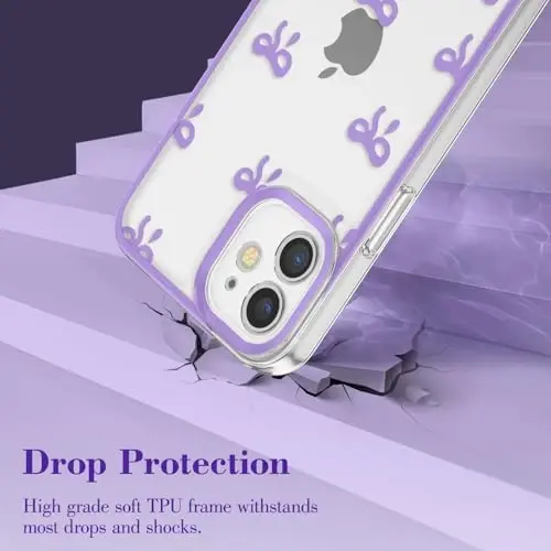 EYZUTAK Case for iPhone 12, Clear Cute Ribbon Bowknot Pattern Aesthetic Transparent Phone Case Raised Camera Protection Stylish Slim Soft Durable TPU Protective Cover for Women Girls - Purple - 3