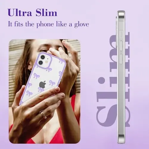 EYZUTAK Case for iPhone 12, Clear Cute Ribbon Bowknot Pattern Aesthetic Transparent Phone Case Raised Camera Protection Stylish Slim Soft Durable TPU Protective Cover for Women Girls - Purple - 4