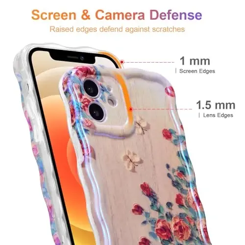 EYZUTAK Case for iPhone 12, Colorful Retro Oil Painting Printed Flower Laser Beam Glossy Pattern Cute Curly Waves Border Exquisite Phone Cover Stylish Durable TPU Protective Case for Girls Women-Beige - 4