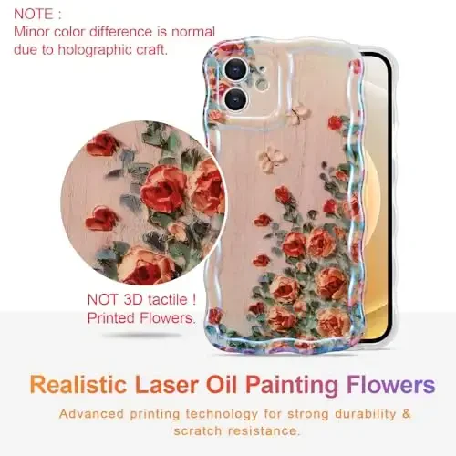 EYZUTAK Case for iPhone 12, Colorful Retro Oil Painting Printed Flower Laser Beam Glossy Pattern Cute Curly Waves Border Exquisite Phone Cover Stylish Durable TPU Protective Case for Girls Women-Beige - 2