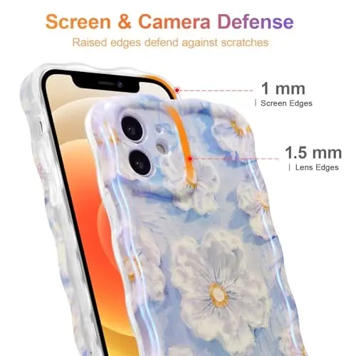 EYZUTAK Case for iPhone 12, Colorful Retro Oil Painting Flower Laser Glossy Pattern Cute Curly Wave Border Exquisite Phone Cover Stylish Durable TPU Protective Case for Girls Women - Light Blue - 4