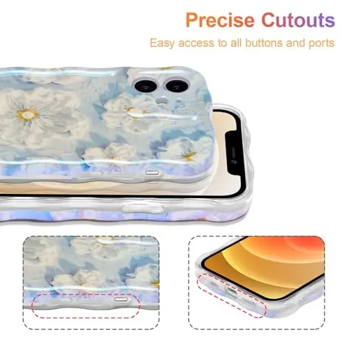 EYZUTAK Case for iPhone 12, Colorful Retro Oil Painting Flower Laser Glossy Pattern Cute Curly Wave Border Exquisite Phone Cover Stylish Durable TPU Protective Case for Girls Women - Light Blue - 5