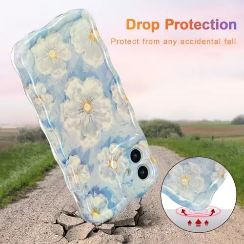 EYZUTAK Case for iPhone 12, Colorful Retro Oil Painting Flower Laser Glossy Pattern Cute Curly Wave Border Exquisite Phone Cover Stylish Durable TPU Protective Case for Girls Women - Light Blue - 3