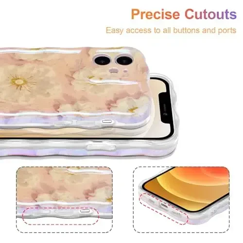 EYZUTAK Case for iPhone 12, Colorful Retro Oil Painting Flower Laser Glossy Pattern Cute Curly Wave Border Exquisite Phone Cover Stylish Durable TPU Protective Case for Girls Women - Light Pink - 5