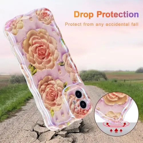 EYZUTAK Case for iPhone 12, Colorful Retro Oil Painting Flower Laser Glossy Pattern Cute Curly Waves Edge Exquisite Phone Cover Stylish Durable TPU Protective Case for Girls Women - Pink Peony - 3