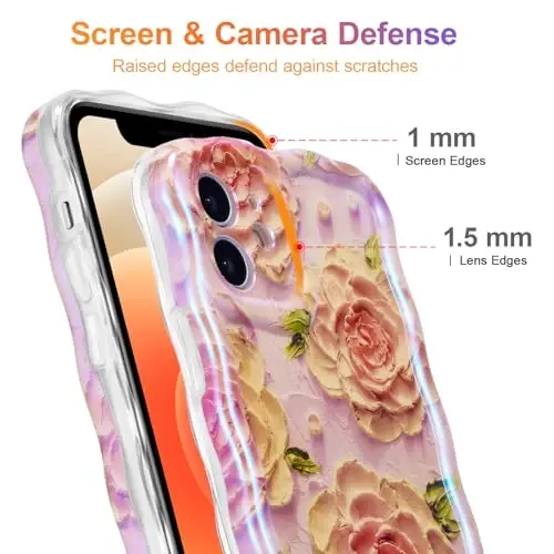 EYZUTAK Case for iPhone 12, Colorful Retro Oil Painting Flower Laser Glossy Pattern Cute Curly Waves Edge Exquisite Phone Cover Stylish Durable TPU Protective Case for Girls Women - Pink Peony - 4