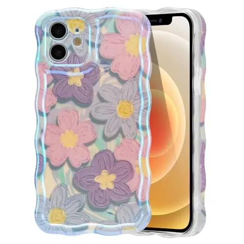 iPhone 12 için EYZUTAK Kılıfı, Renkli Retro Yağlı Boya Çiçek Lazer Parlak Tasarım Sevimli Kıvrımlı Dalgalı Kenar Zarif Telefon Kapağı Şık Dayanıklı TPU Koruyucu Kılıf Kızlar Kadınlar için - Pembe Mor 