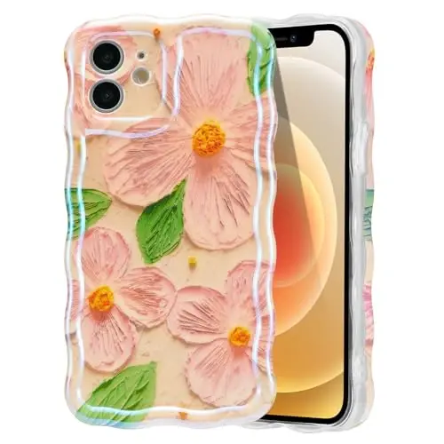 EYZUTAK Case for iPhone 12, Colorful Retro Oil Painting Flower Leaves Laser Glossy Pattern Cute Curly Waves Edge Exquisite Phone Cover Stylish Durable TPU Protective Case for Girls Women - Pink Green - 1