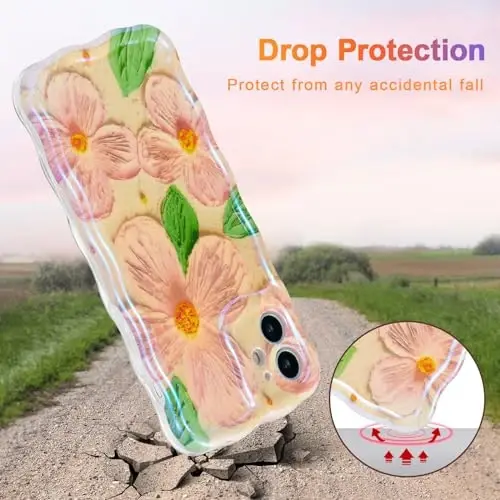 EYZUTAK Case for iPhone 12, Colorful Retro Oil Painting Flower Leaves Laser Glossy Pattern Cute Curly Waves Edge Exquisite Phone Cover Stylish Durable TPU Protective Case for Girls Women - Pink Green - 3