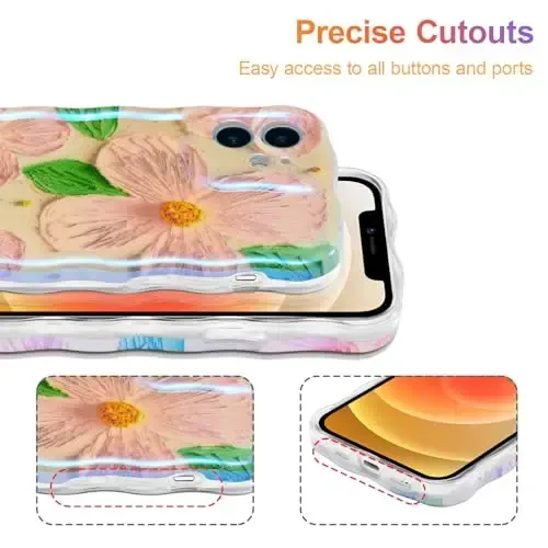 EYZUTAK Case for iPhone 12, Colorful Retro Oil Painting Flower Leaves Laser Glossy Pattern Cute Curly Waves Edge Exquisite Phone Cover Stylish Durable TPU Protective Case for Girls Women - Pink Green - 5