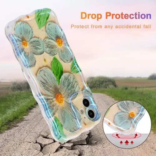 EYZUTAK Case for iPhone 12, Colorful Retro Oil Painting Flower Leaves Laser Glossy Pattern Cute Curly Waves Edge Exquisite Phone Cover Stylish Durable TPU Protective Case for Girls Women - Blue Green - 3