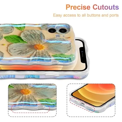 EYZUTAK Case for iPhone 12, Colorful Retro Oil Painting Flower Leaves Laser Glossy Pattern Cute Curly Waves Edge Exquisite Phone Cover Stylish Durable TPU Protective Case for Girls Women - Blue Green - 5