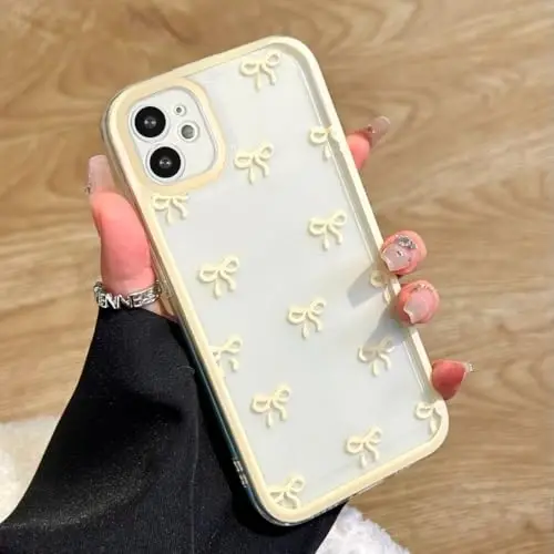 EYZUTAK Case for iPhone 12, Clear Cute Ribbon Bowknot Pattern Aesthetic Transparent Phone Case Raised Camera Protection Stylish Slim Soft Durable TPU Protective Cover for Women Girls - Yellow - 1