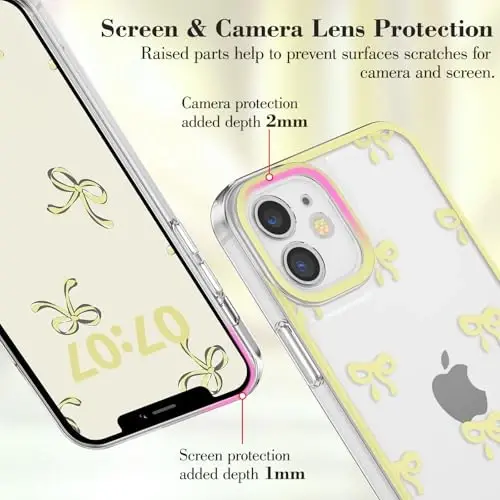 EYZUTAK Case for iPhone 12, Clear Cute Ribbon Bowknot Pattern Aesthetic Transparent Phone Case Raised Camera Protection Stylish Slim Soft Durable TPU Protective Cover for Women Girls - Yellow - 2