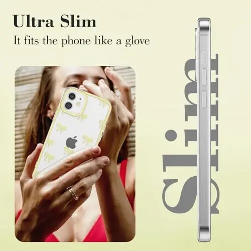 EYZUTAK Case for iPhone 12, Clear Cute Ribbon Bowknot Pattern Aesthetic Transparent Phone Case Raised Camera Protection Stylish Slim Soft Durable TPU Protective Cover for Women Girls - Yellow - 4