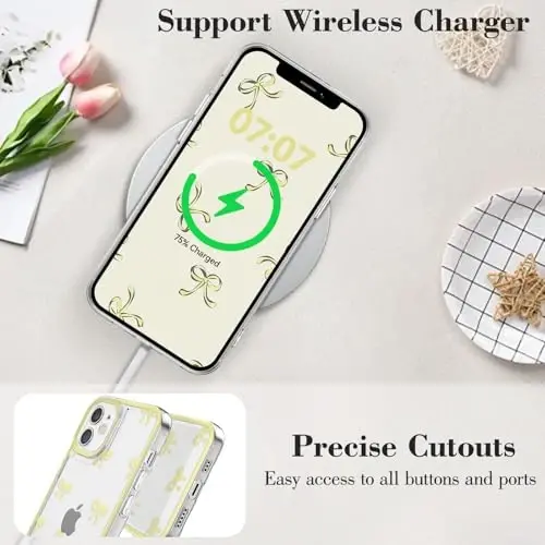 EYZUTAK Case for iPhone 12, Clear Cute Ribbon Bowknot Pattern Aesthetic Transparent Phone Case Raised Camera Protection Stylish Slim Soft Durable TPU Protective Cover for Women Girls - Yellow - 5
