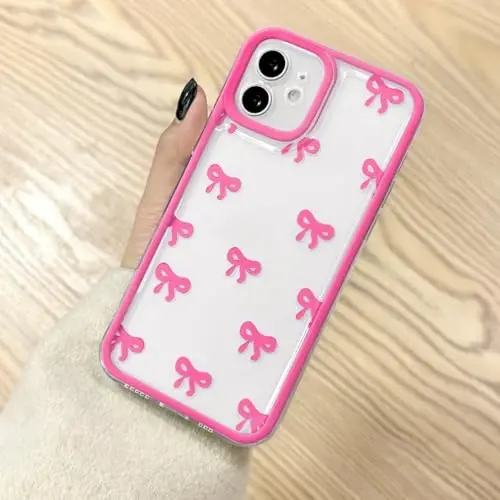 EYZUTAK Case for iPhone 12, Clear Cute Ribbon Bowknot Pattern Aesthetic Transparent Phone Case Raised Camera Protection Stylish Slim Soft Durable TPU Protective Cover for Women Girls - Rose Red - 1