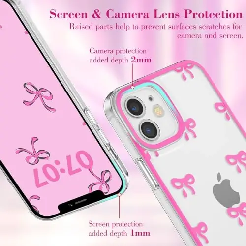 EYZUTAK Case for iPhone 12, Clear Cute Ribbon Bowknot Pattern Aesthetic Transparent Phone Case Raised Camera Protection Stylish Slim Soft Durable TPU Protective Cover for Women Girls - Rose Red - 2