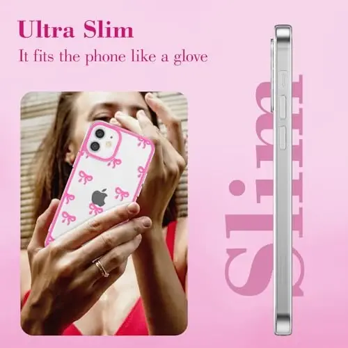 EYZUTAK Case for iPhone 12, Clear Cute Ribbon Bowknot Pattern Aesthetic Transparent Phone Case Raised Camera Protection Stylish Slim Soft Durable TPU Protective Cover for Women Girls - Rose Red - 4