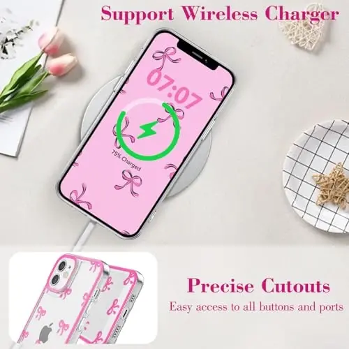 EYZUTAK Case for iPhone 12, Clear Cute Ribbon Bowknot Pattern Aesthetic Transparent Phone Case Raised Camera Protection Stylish Slim Soft Durable TPU Protective Cover for Women Girls - Rose Red - 5