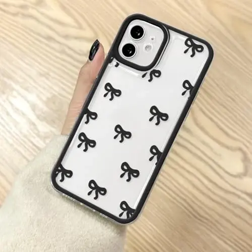 EYZUTAK Case for iPhone 12, Clear Cute Ribbon Bowknot Pattern Aesthetic Transparent Phone Case Raised Camera Protection Stylish Slim Soft Durable TPU Protective Cover for Women Girls - Black - 1