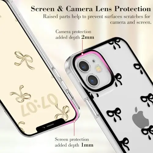 EYZUTAK Case for iPhone 12, Clear Cute Ribbon Bowknot Pattern Aesthetic Transparent Phone Case Raised Camera Protection Stylish Slim Soft Durable TPU Protective Cover for Women Girls - Black - 2