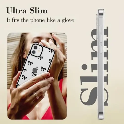 EYZUTAK Case for iPhone 12, Clear Cute Ribbon Bowknot Pattern Aesthetic Transparent Phone Case Raised Camera Protection Stylish Slim Soft Durable TPU Protective Cover for Women Girls - Black - 9