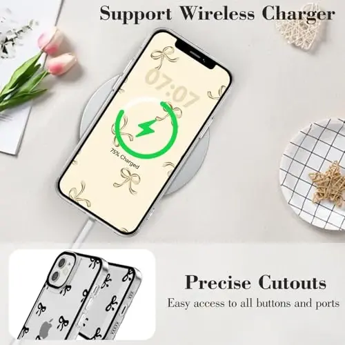 EYZUTAK Case for iPhone 12, Clear Cute Ribbon Bowknot Pattern Aesthetic Transparent Phone Case Raised Camera Protection Stylish Slim Soft Durable TPU Protective Cover for Women Girls - Black - 5