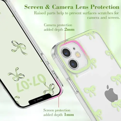EYZUTAK Case for iPhone 12, Clear Cute Ribbon Bowknot Pattern Aesthetic Transparent Phone Case Raised Camera Protection Stylish Slim Soft Durable TPU Protective Cover for Women Girls - Green - 11