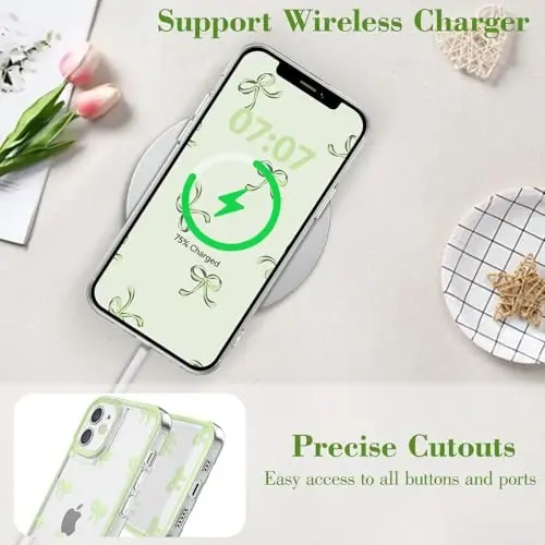 EYZUTAK Case for iPhone 12, Clear Cute Ribbon Bowknot Pattern Aesthetic Transparent Phone Case Raised Camera Protection Stylish Slim Soft Durable TPU Protective Cover for Women Girls - Green - 8