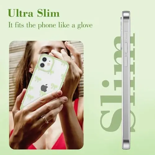 EYZUTAK Case for iPhone 12, Clear Cute Ribbon Bowknot Pattern Aesthetic Transparent Phone Case Raised Camera Protection Stylish Slim Soft Durable TPU Protective Cover for Women Girls - Green - 9