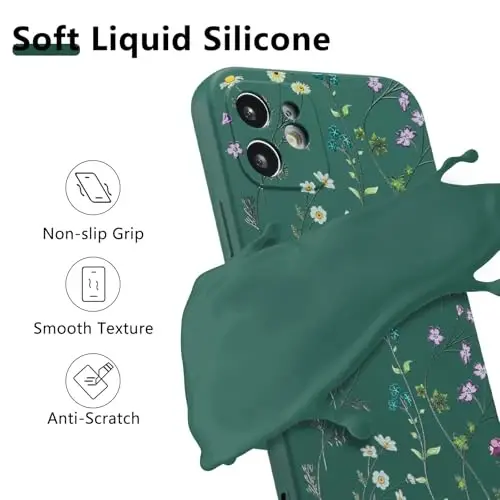 RALEAVO Floral Case for iPhone 12,Liquid Silicone Cover with Cute Flower Branch Pattern for Girls Women Slim Soft Rubber Protective Phone Case for iPhone 12 (6.1