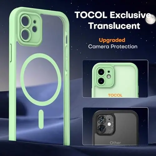 TOCOL 3 in 1 Magnetic for iPhone 12 Case, Upgraded [Full Camera Protection] [Compatible with Magsafe] [15FT Military Grade Protection] Bumper for iPhone 12 6.1, Light Green - 5