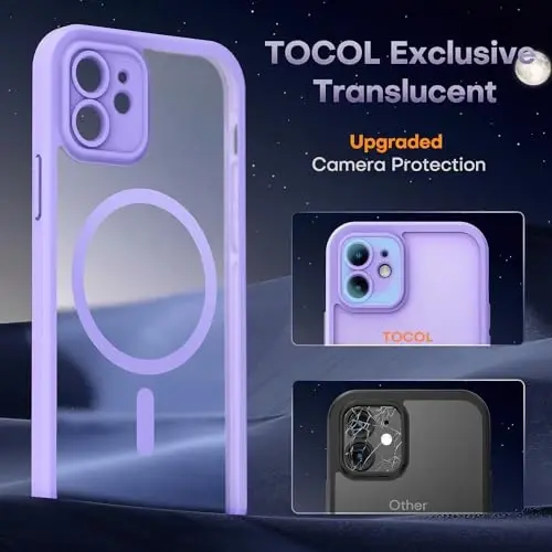 TOCOL for iPhone 12 Case, Compatible with MagSafe, Purple | Built-in Magnets, Full Camera & Military-Grade Protection, Anti-Slip Shockproof Translucent Matte Back Phone Cover - 4