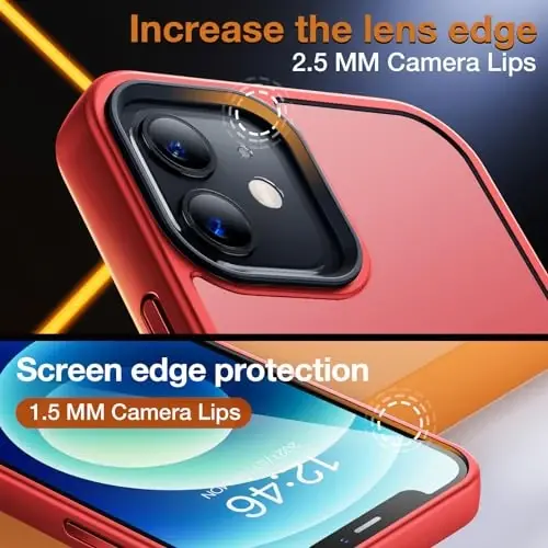 Yriklso for iPhone 12 Phone Case, Shockproof for iPhone 12 Pro Case, Military Grade Drop Protection, Protective Hard Back Slim Translucent Case, Red - 6